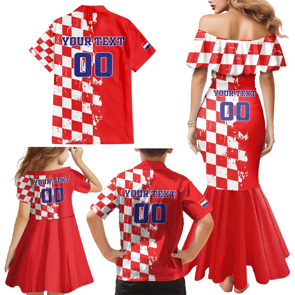 Custom Croatia Independence Day Family Matching Mermaid Dress and Hawaiian Shirt Grunge Checkerboard Patterns With Map - Wonder Print Shop