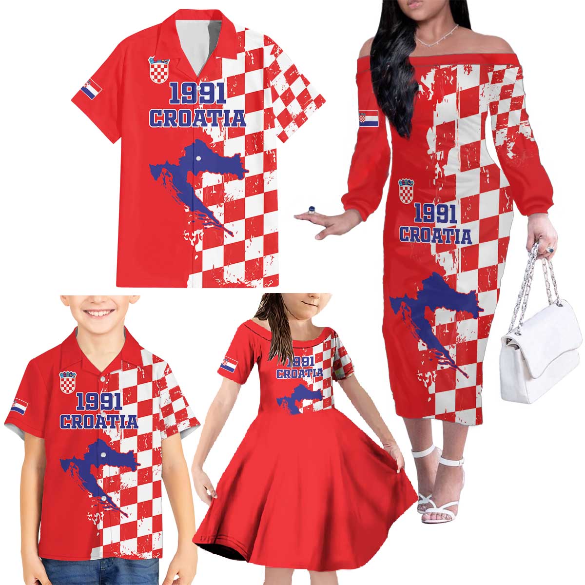 Custom Croatia Independence Day Family Matching Off The Shoulder Long Sleeve Dress and Hawaiian Shirt Grunge Checkerboard Patterns With Map - Wonder Print Shop