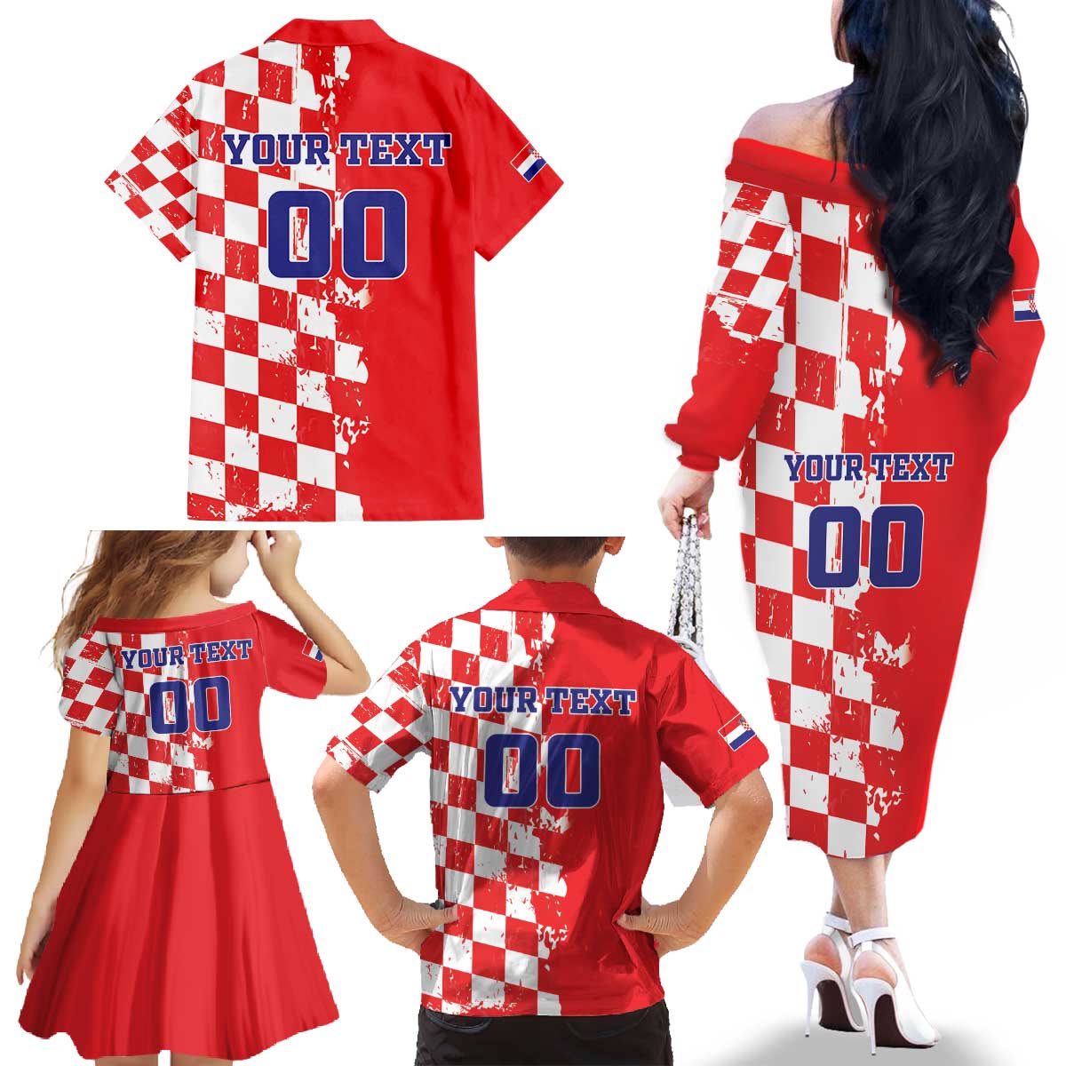 Custom Croatia Independence Day Family Matching Off The Shoulder Long Sleeve Dress and Hawaiian Shirt Grunge Checkerboard Patterns With Map - Wonder Print Shop