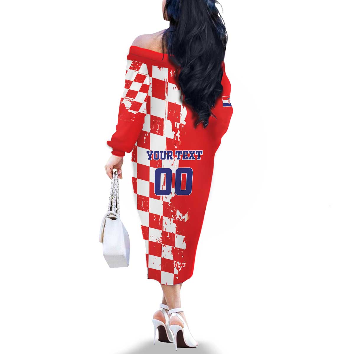 Custom Croatia Independence Day Family Matching Off The Shoulder Long Sleeve Dress and Hawaiian Shirt Grunge Checkerboard Patterns With Map - Wonder Print Shop