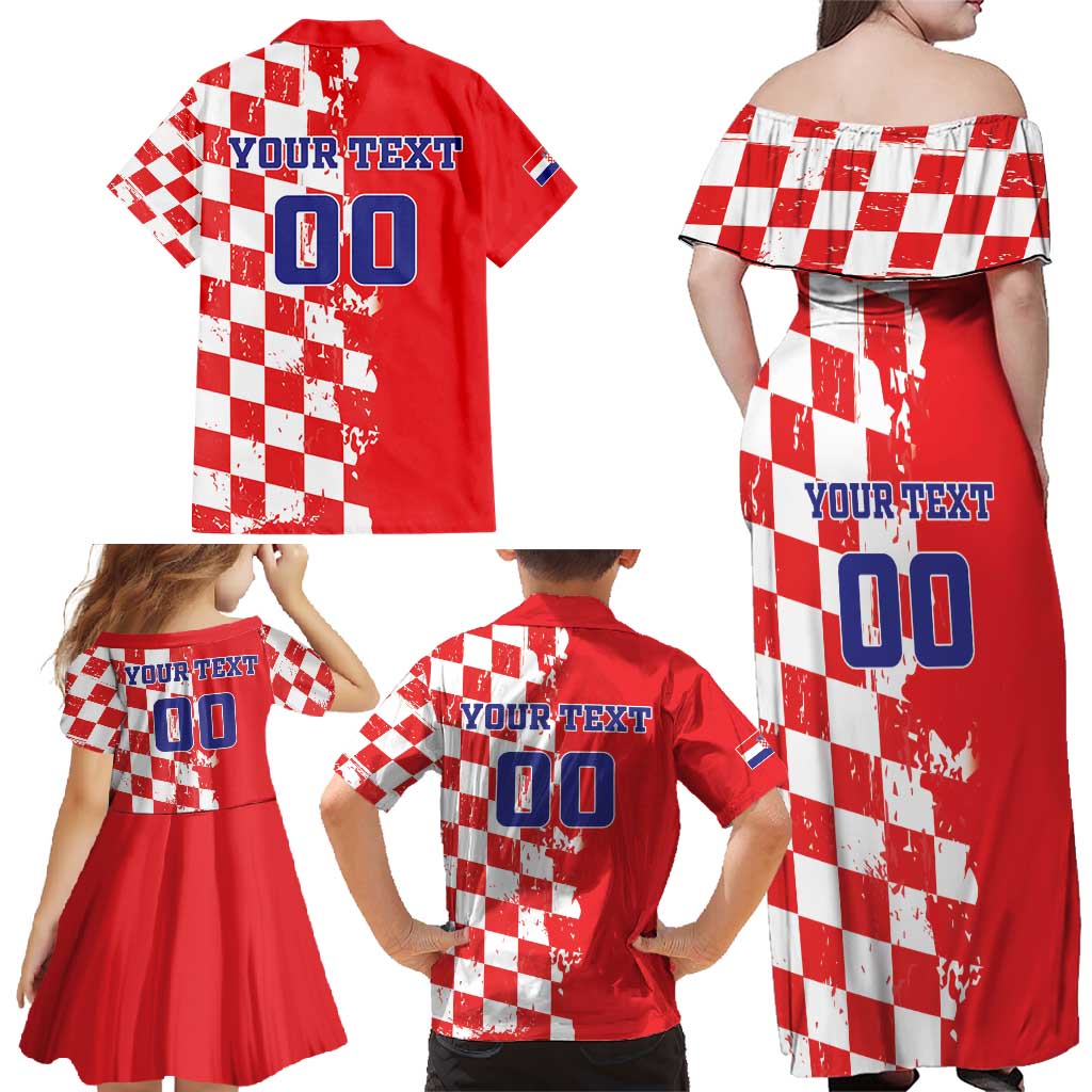 Custom Croatia Independence Day Family Matching Off Shoulder Maxi Dress and Hawaiian Shirt Grunge Checkerboard Patterns With Map - Wonder Print Shop