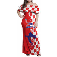 Custom Croatia Independence Day Family Matching Off Shoulder Maxi Dress and Hawaiian Shirt Grunge Checkerboard Patterns With Map - Wonder Print Shop