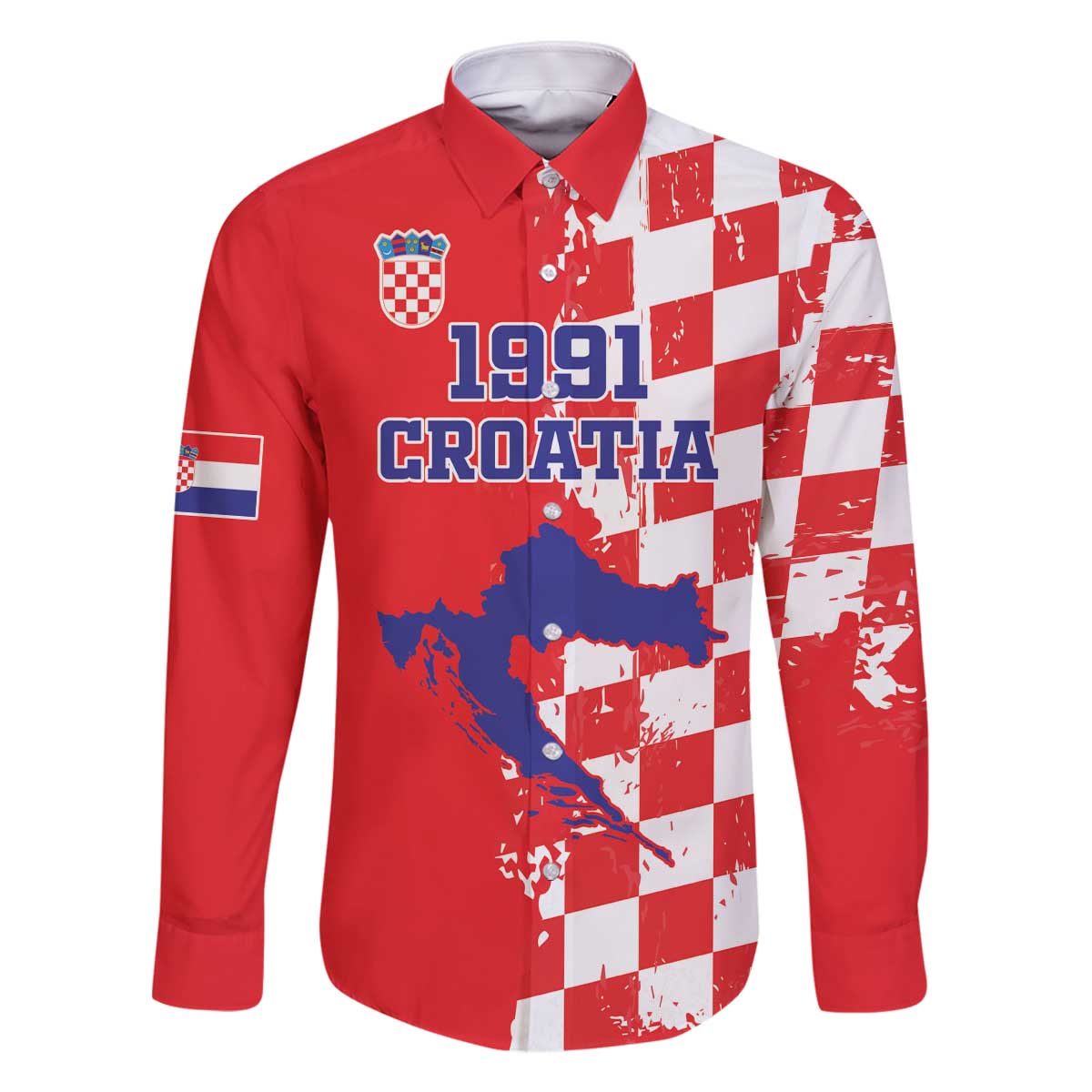Custom Croatia Independence Day Family Matching Off Shoulder Short Dress and Hawaiian Shirt Grunge Checkerboard Patterns With Map - Wonder Print Shop