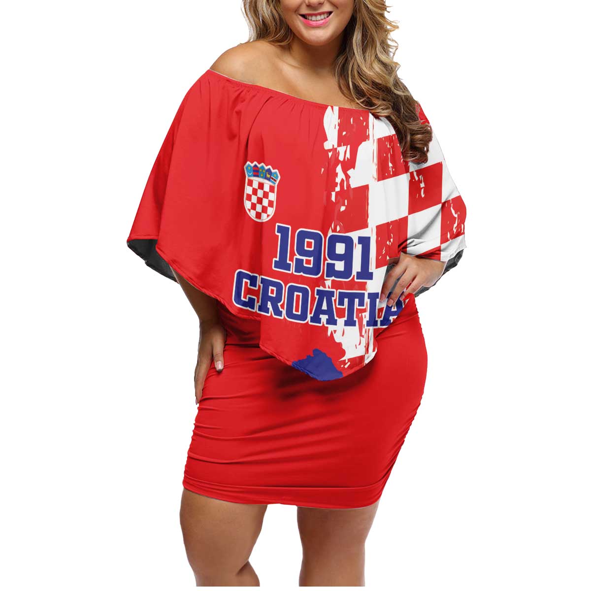 Custom Croatia Independence Day Family Matching Off Shoulder Short Dress and Hawaiian Shirt Grunge Checkerboard Patterns With Map - Wonder Print Shop