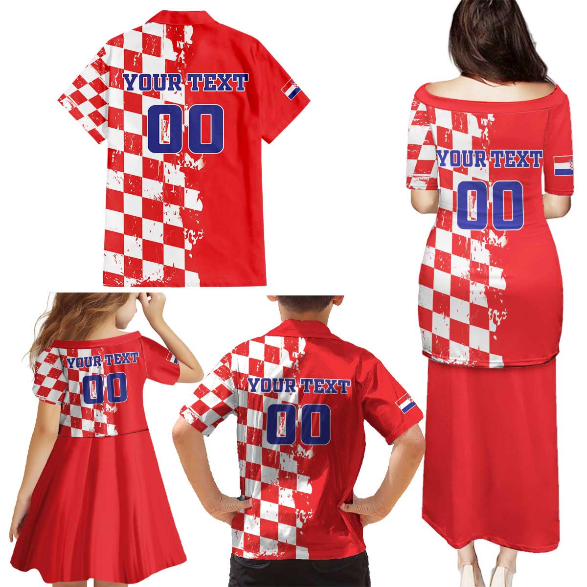 Custom Croatia Independence Day Family Matching Puletasi and Hawaiian Shirt Grunge Checkerboard Patterns With Map - Wonder Print Shop
