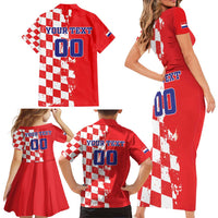 Custom Croatia Independence Day Family Matching Short Sleeve Bodycon Dress and Hawaiian Shirt Grunge Checkerboard Patterns With Map - Wonder Print Shop