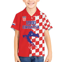 Custom Croatia Independence Day Family Matching Short Sleeve Bodycon Dress and Hawaiian Shirt Grunge Checkerboard Patterns With Map - Wonder Print Shop
