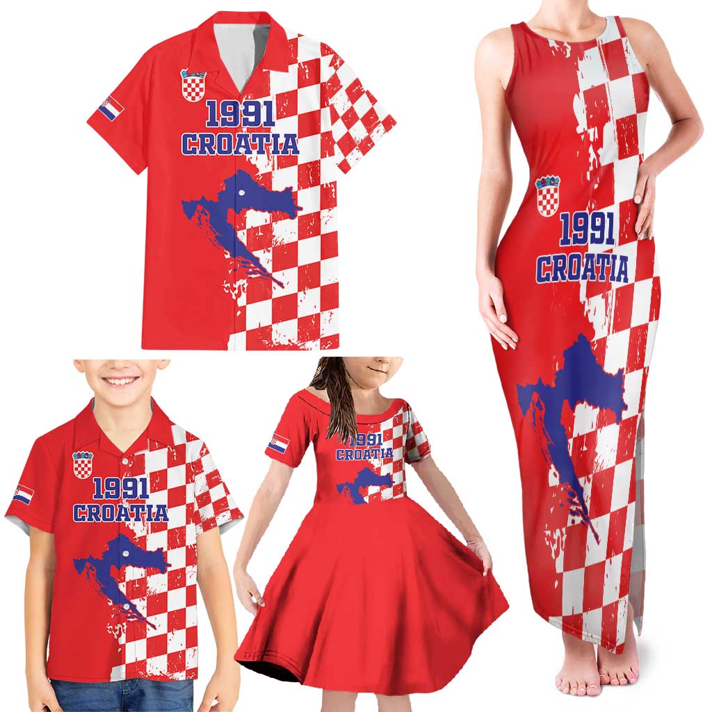 Custom Croatia Independence Day Family Matching Tank Maxi Dress and Hawaiian Shirt Grunge Checkerboard Patterns With Map - Wonder Print Shop