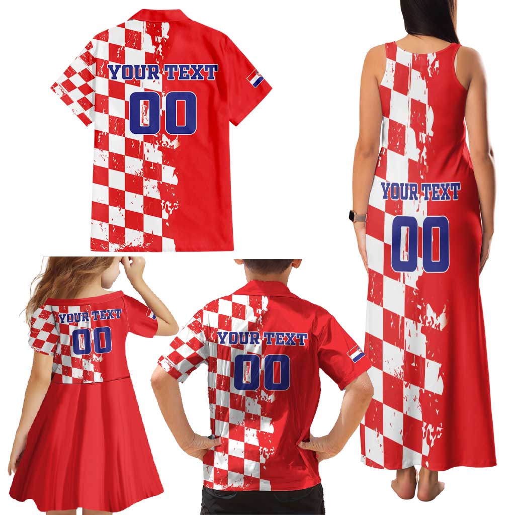 Custom Croatia Independence Day Family Matching Tank Maxi Dress and Hawaiian Shirt Grunge Checkerboard Patterns With Map - Wonder Print Shop