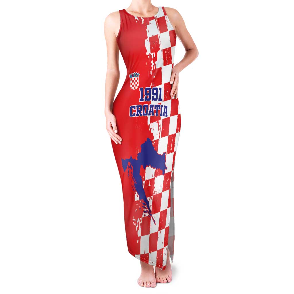 Custom Croatia Independence Day Family Matching Tank Maxi Dress and Hawaiian Shirt Grunge Checkerboard Patterns With Map - Wonder Print Shop