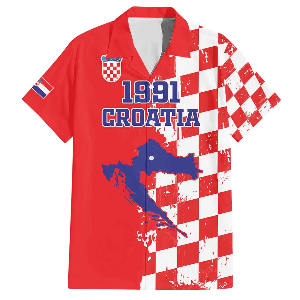 Custom Croatia Independence Day Hawaiian Shirt Grunge Checkerboard Patterns With Map - Wonder Print Shop