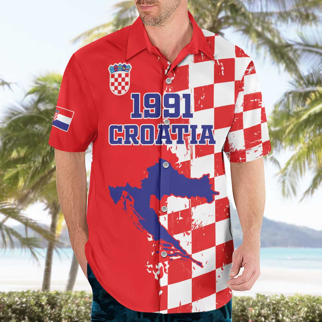 Custom Croatia Independence Day Hawaiian Shirt Grunge Checkerboard Patterns With Map - Wonder Print Shop