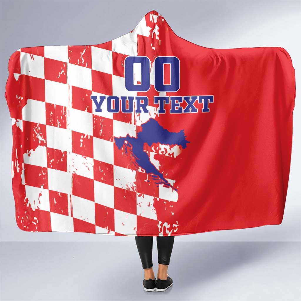 Custom Croatia Independence Day Hooded Blanket Grunge Checkerboard Patterns With Map