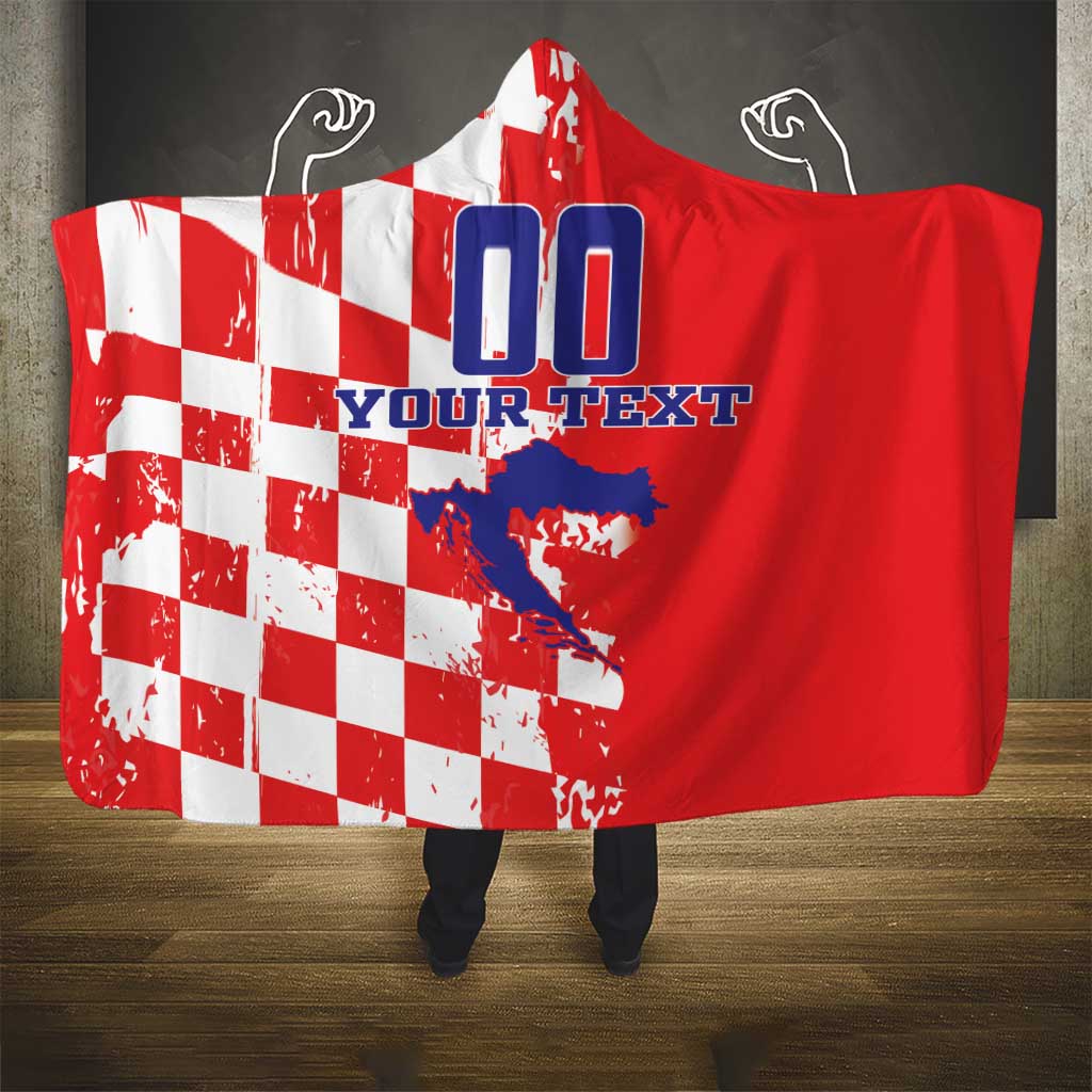 Custom Croatia Independence Day Hooded Blanket Grunge Checkerboard Patterns With Map