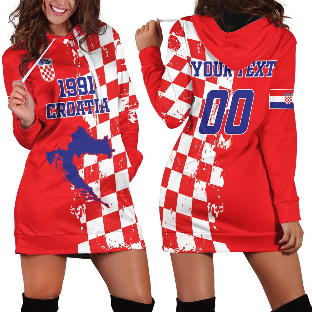 Custom Croatia Independence Day Hoodie Dress Grunge Checkerboard Patterns With Map - Wonder Print Shop