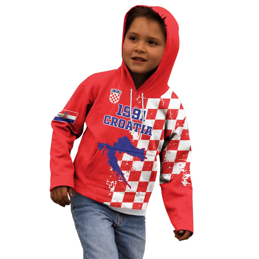 Custom Croatia Independence Day Kid Hoodie Grunge Checkerboard Patterns With Map - Wonder Print Shop