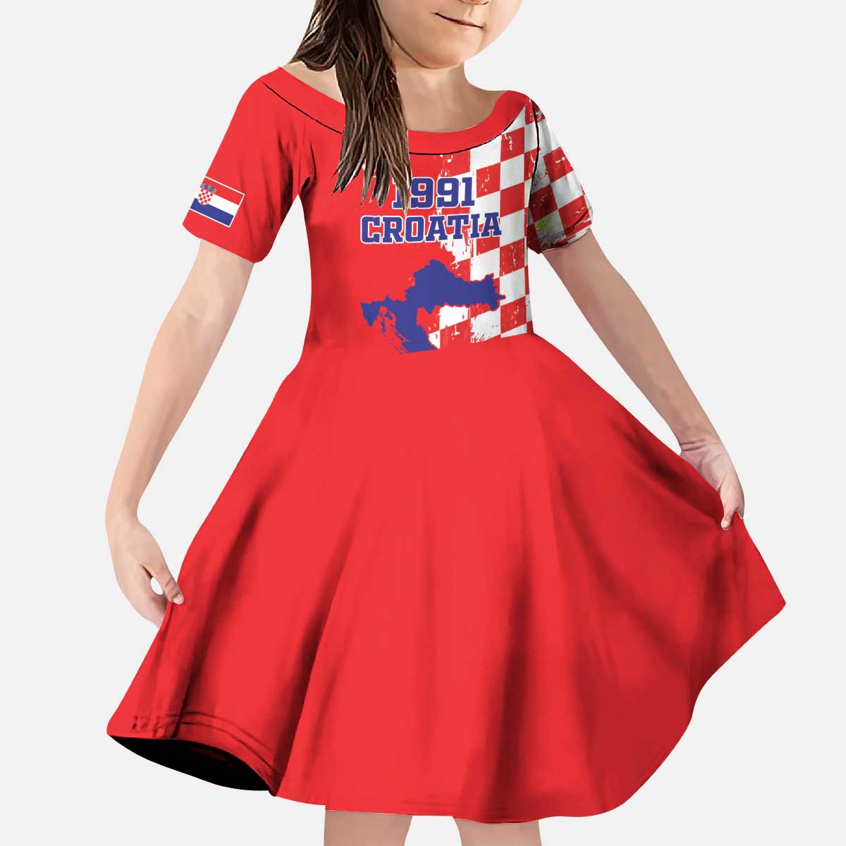 Custom Croatia Independence Day Kid Short Sleeve Dress Grunge Checkerboard Patterns With Map - Wonder Print Shop