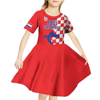 Custom Croatia Independence Day Kid Short Sleeve Dress Grunge Checkerboard Patterns With Map - Wonder Print Shop
