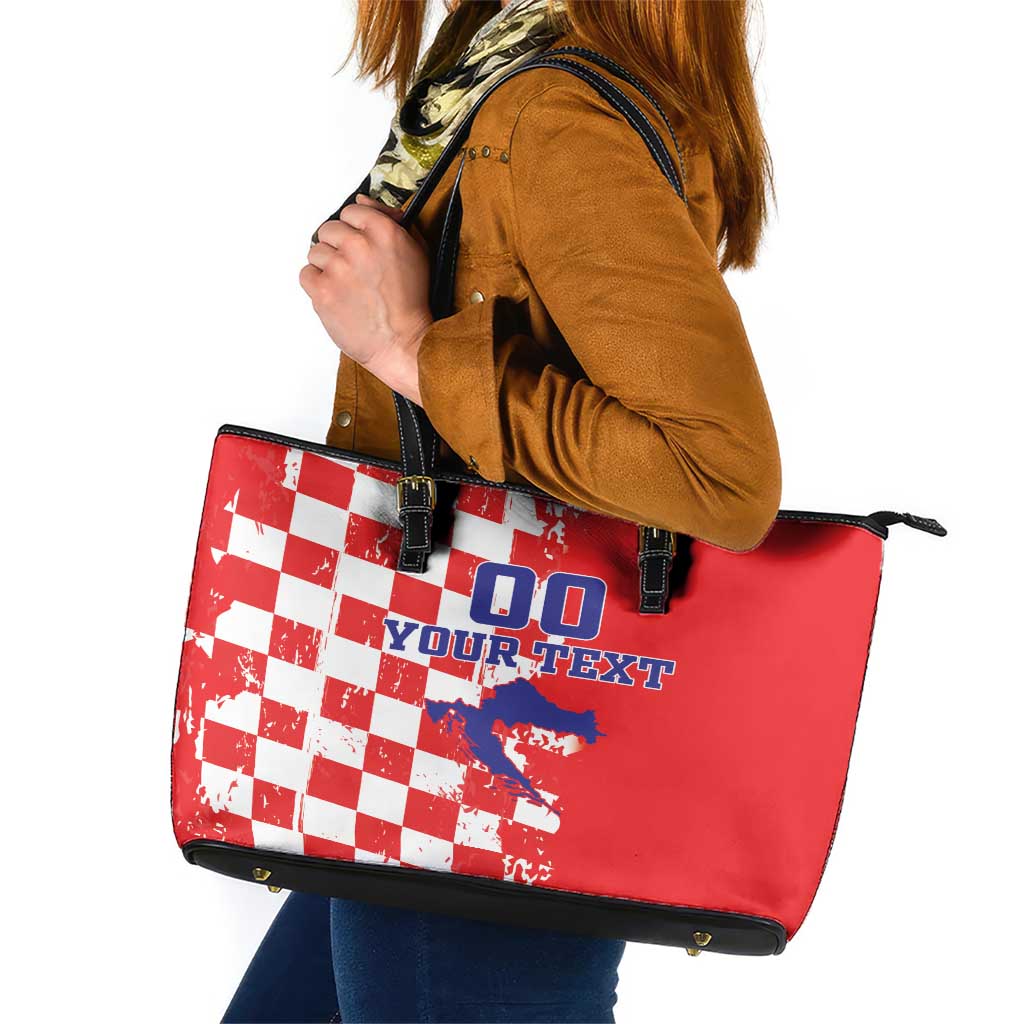 Custom Croatia Independence Day Leather Tote Bag Grunge Checkerboard Patterns With Map - Wonder Print Shop