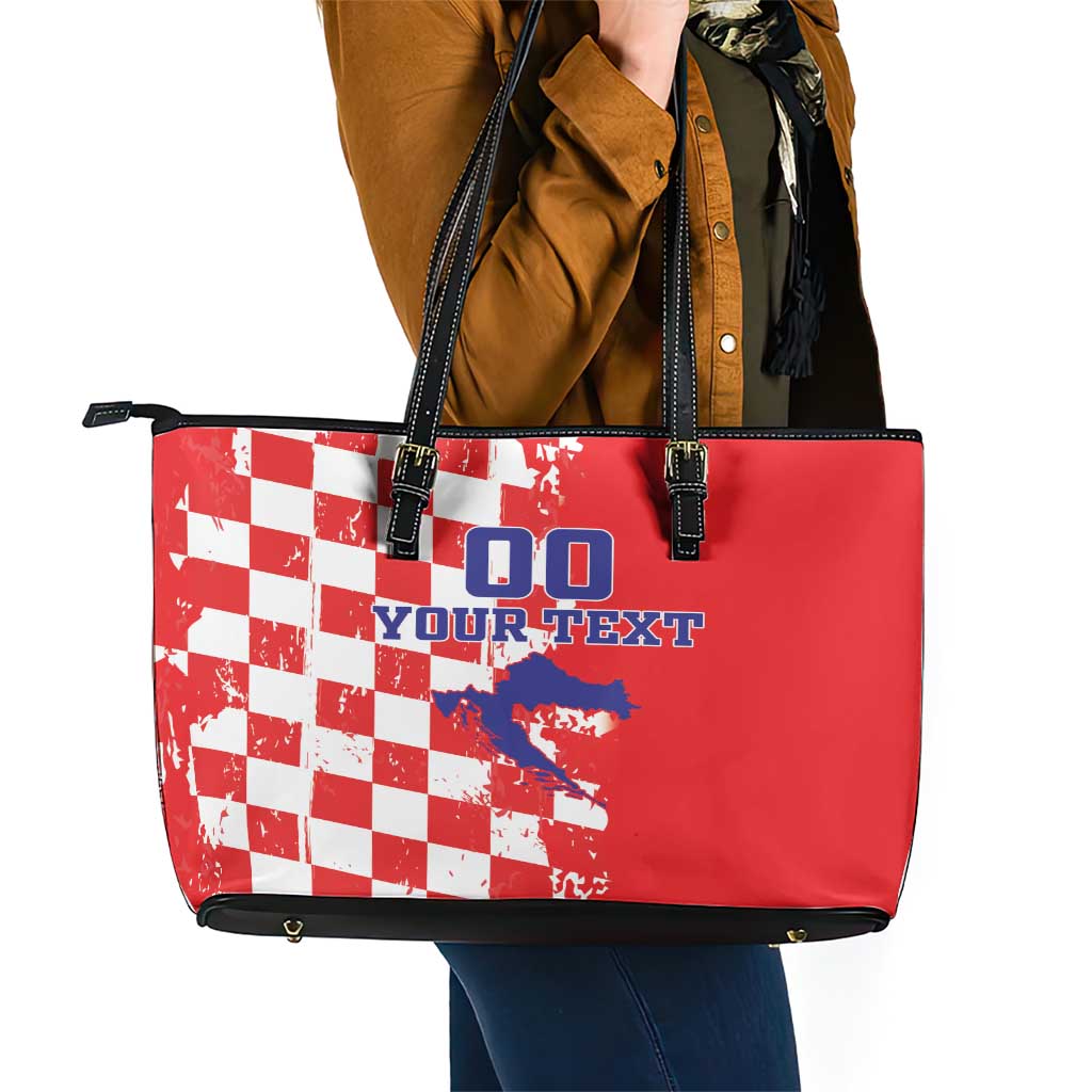 Custom Croatia Independence Day Leather Tote Bag Grunge Checkerboard Patterns With Map - Wonder Print Shop
