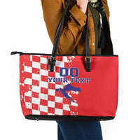 Custom Croatia Independence Day Leather Tote Bag Grunge Checkerboard Patterns With Map - Wonder Print Shop