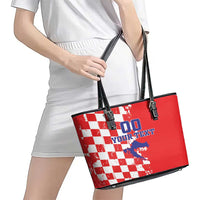 Custom Croatia Independence Day Leather Tote Bag Grunge Checkerboard Patterns With Map - Wonder Print Shop