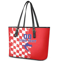 Custom Croatia Independence Day Leather Tote Bag Grunge Checkerboard Patterns With Map - Wonder Print Shop