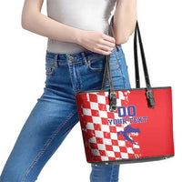 Custom Croatia Independence Day Leather Tote Bag Grunge Checkerboard Patterns With Map - Wonder Print Shop
