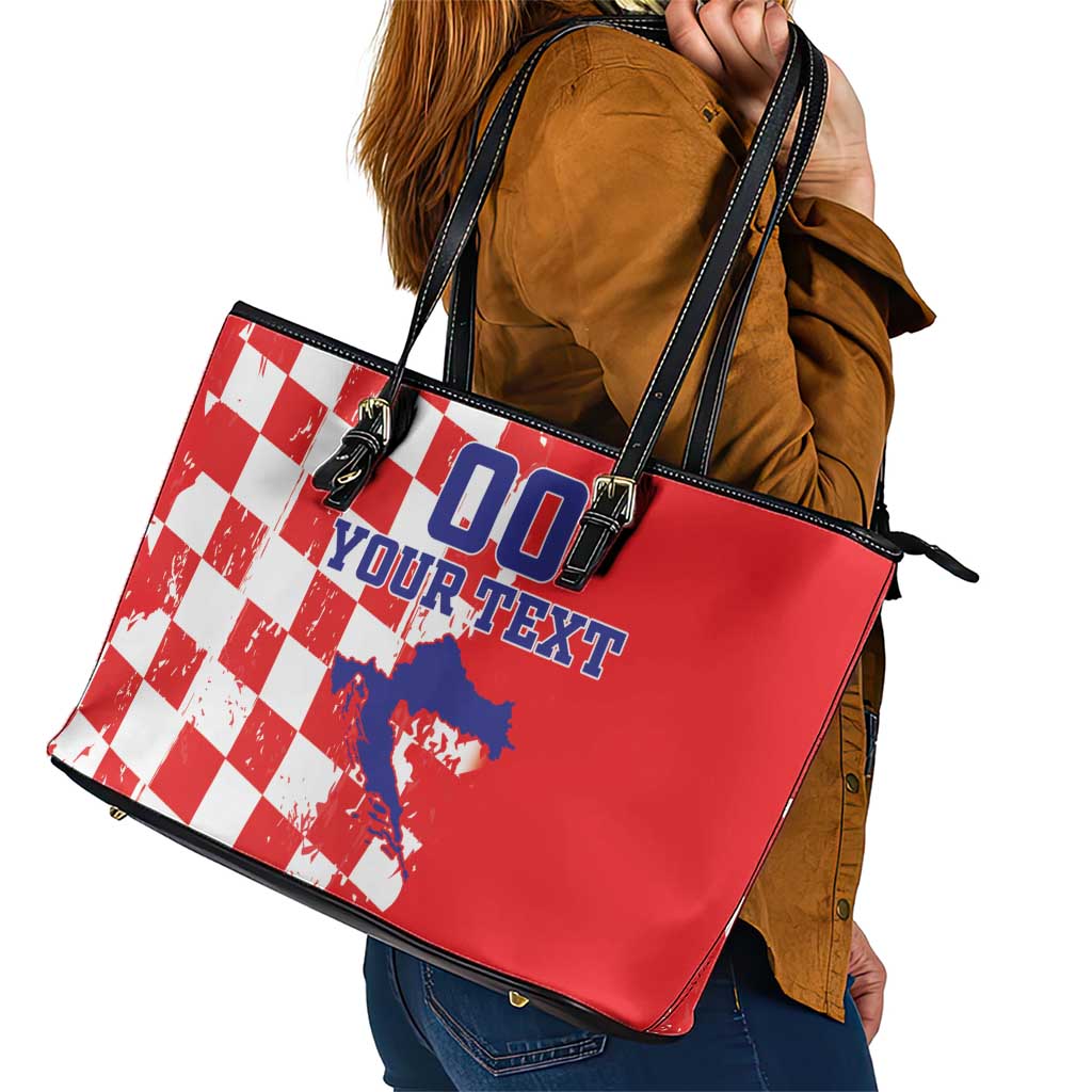 Custom Croatia Independence Day Leather Tote Bag Grunge Checkerboard Patterns With Map - Wonder Print Shop