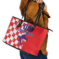 Custom Croatia Independence Day Leather Tote Bag Grunge Checkerboard Patterns With Map - Wonder Print Shop