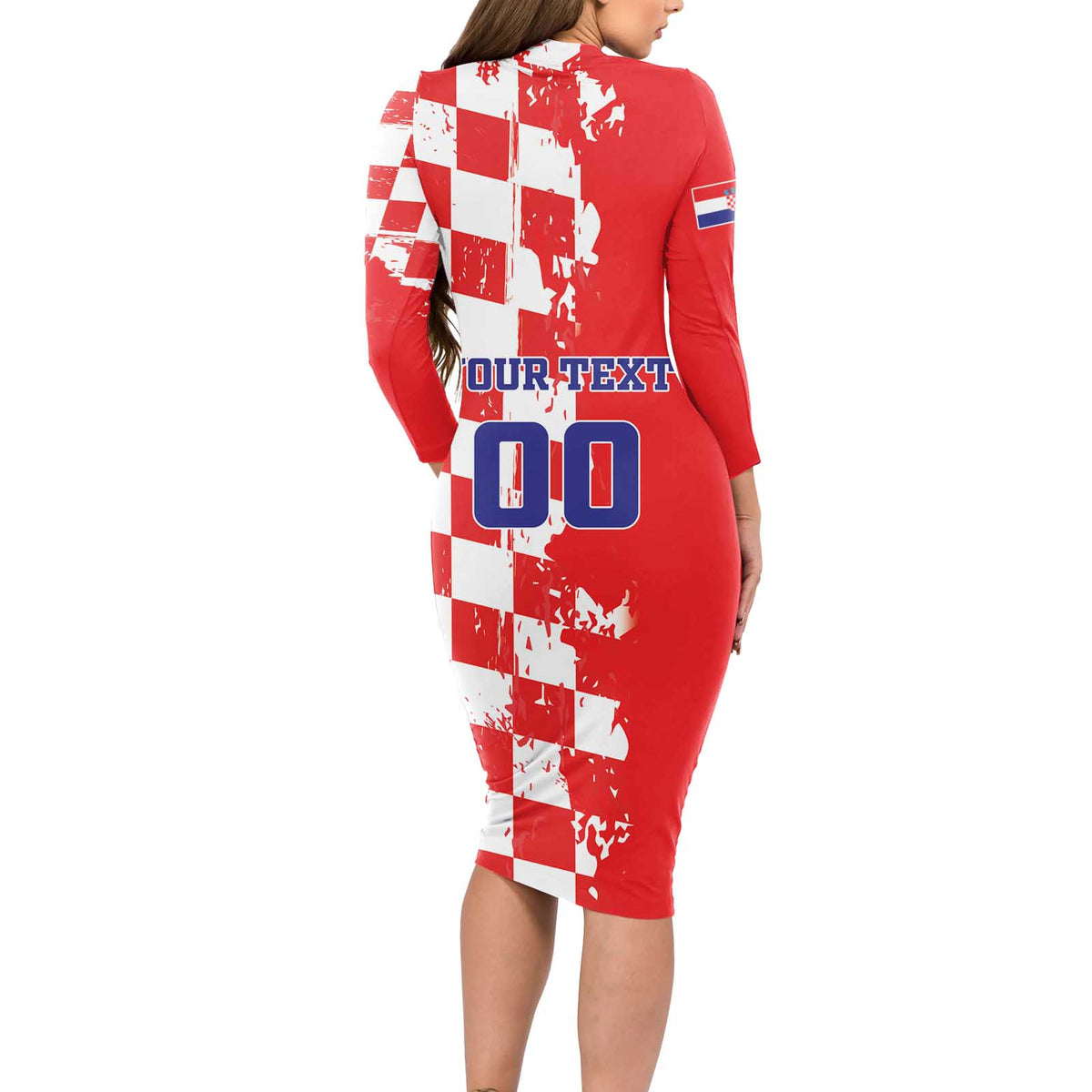 Custom Croatia Independence Day Long Sleeve Bodycon Dress Grunge Checkerboard Patterns With Map - Wonder Print Shop