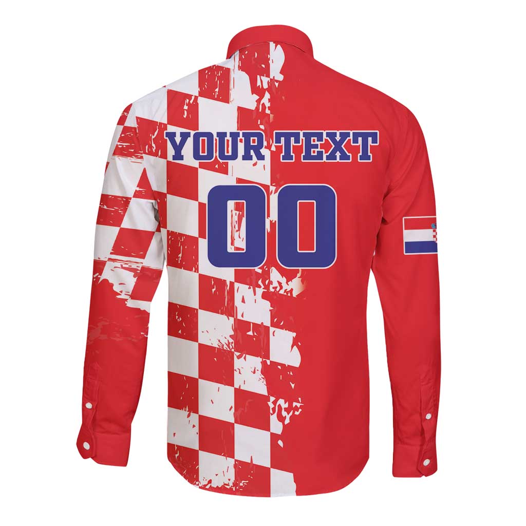 Custom Croatia Independence Day Long Sleeve Button Shirt Grunge Checkerboard Patterns With Map - Wonder Print Shop