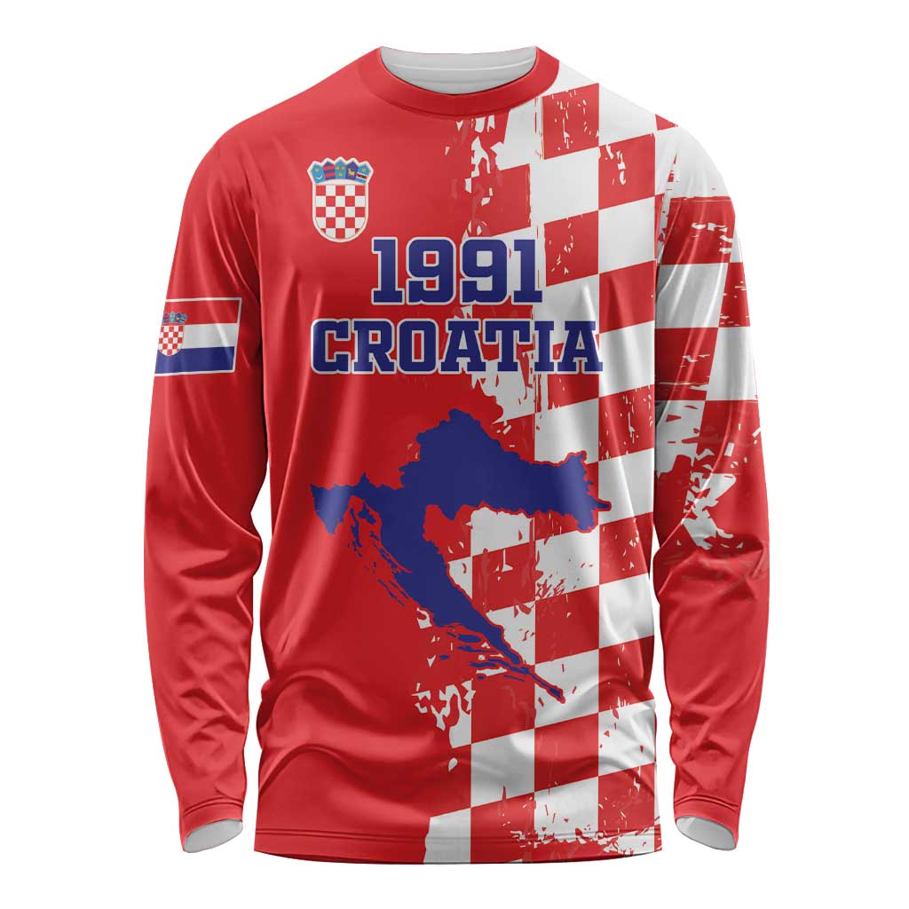 Custom Croatia Independence Day Long Sleeve Shirt Grunge Checkerboard Patterns With Map - Wonder Print Shop