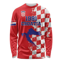 Custom Croatia Independence Day Long Sleeve Shirt Grunge Checkerboard Patterns With Map - Wonder Print Shop