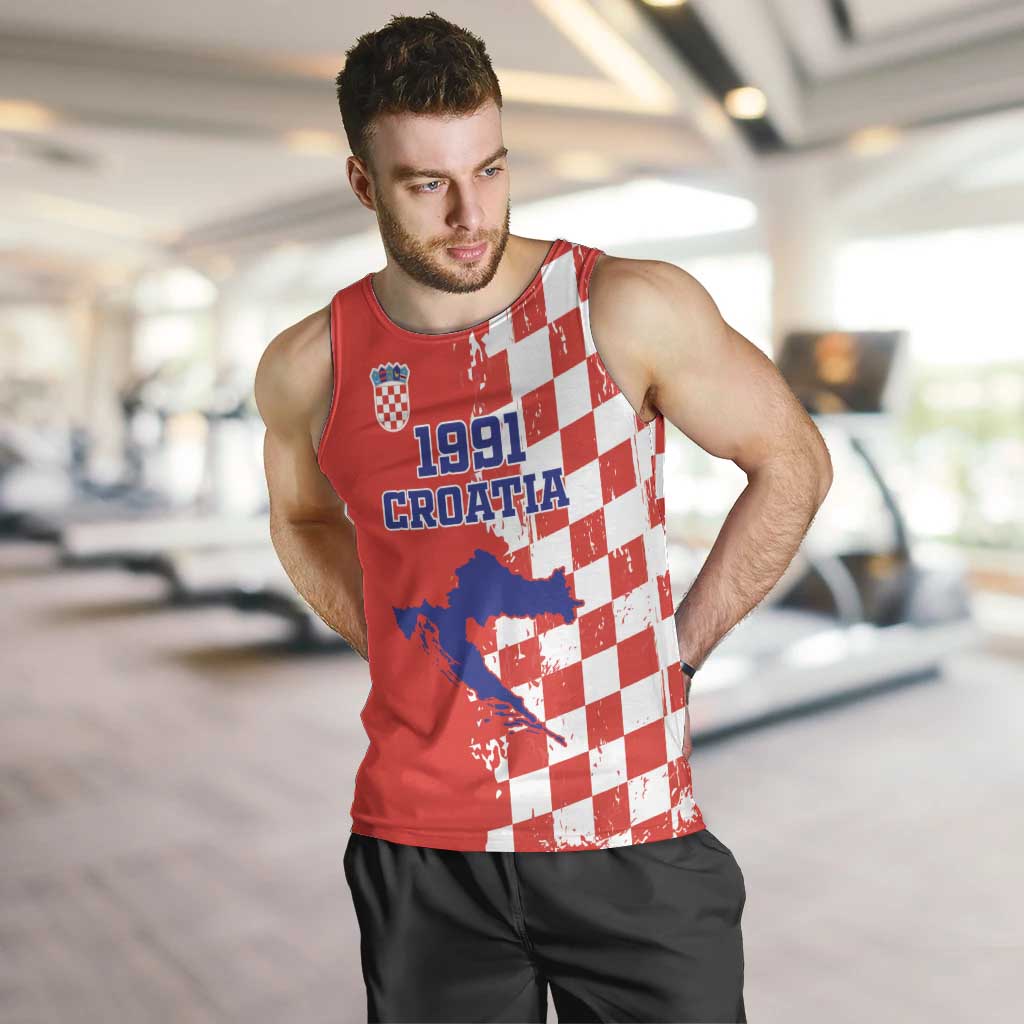 Custom Croatia Independence Day Men Tank Top Grunge Checkerboard Patterns With Map - Wonder Print Shop