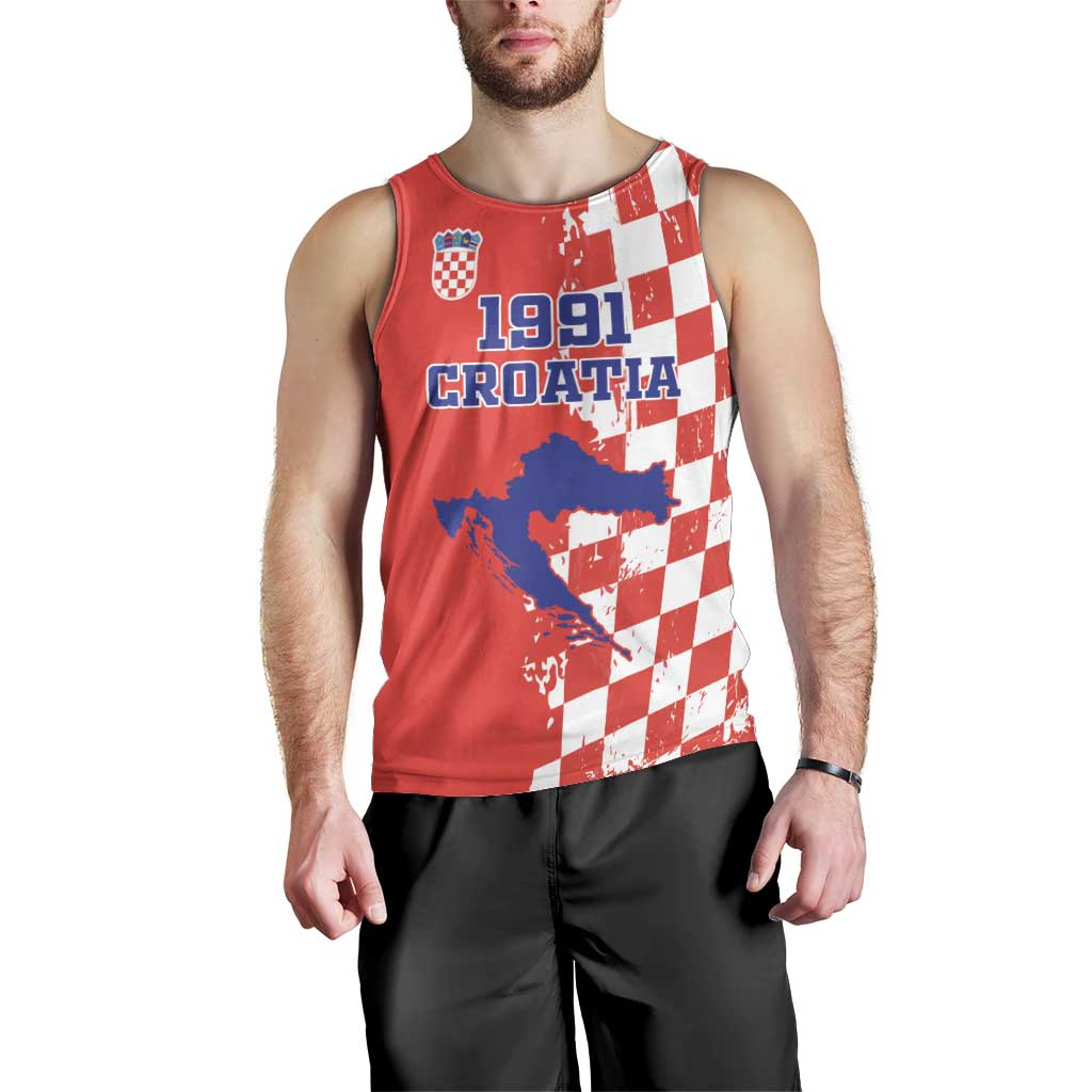 Custom Croatia Independence Day Men Tank Top Grunge Checkerboard Patterns With Map - Wonder Print Shop
