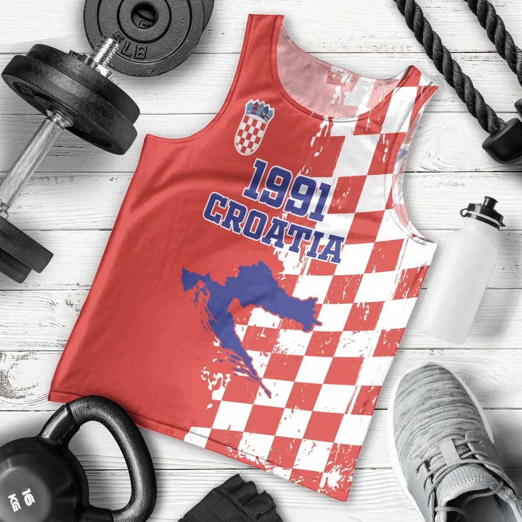 Custom Croatia Independence Day Men Tank Top Grunge Checkerboard Patterns With Map - Wonder Print Shop