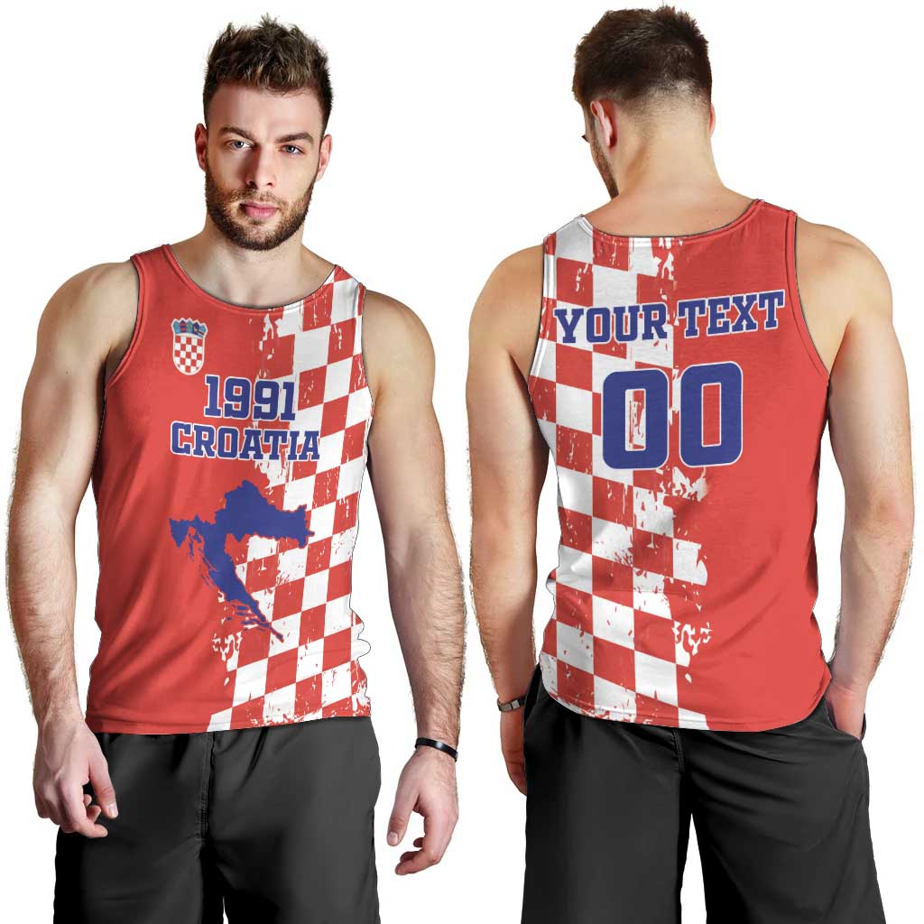 Custom Croatia Independence Day Men Tank Top Grunge Checkerboard Patterns With Map - Wonder Print Shop