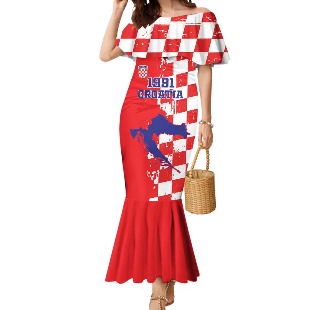 Custom Croatia Independence Day Mermaid Dress Grunge Checkerboard Patterns With Map - Wonder Print Shop