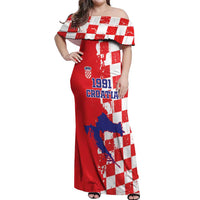 Custom Croatia Independence Day Off Shoulder Maxi Dress Grunge Checkerboard Patterns With Map - Wonder Print Shop