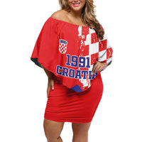 Custom Croatia Independence Day Off Shoulder Short Dress Grunge Checkerboard Patterns With Map - Wonder Print Shop