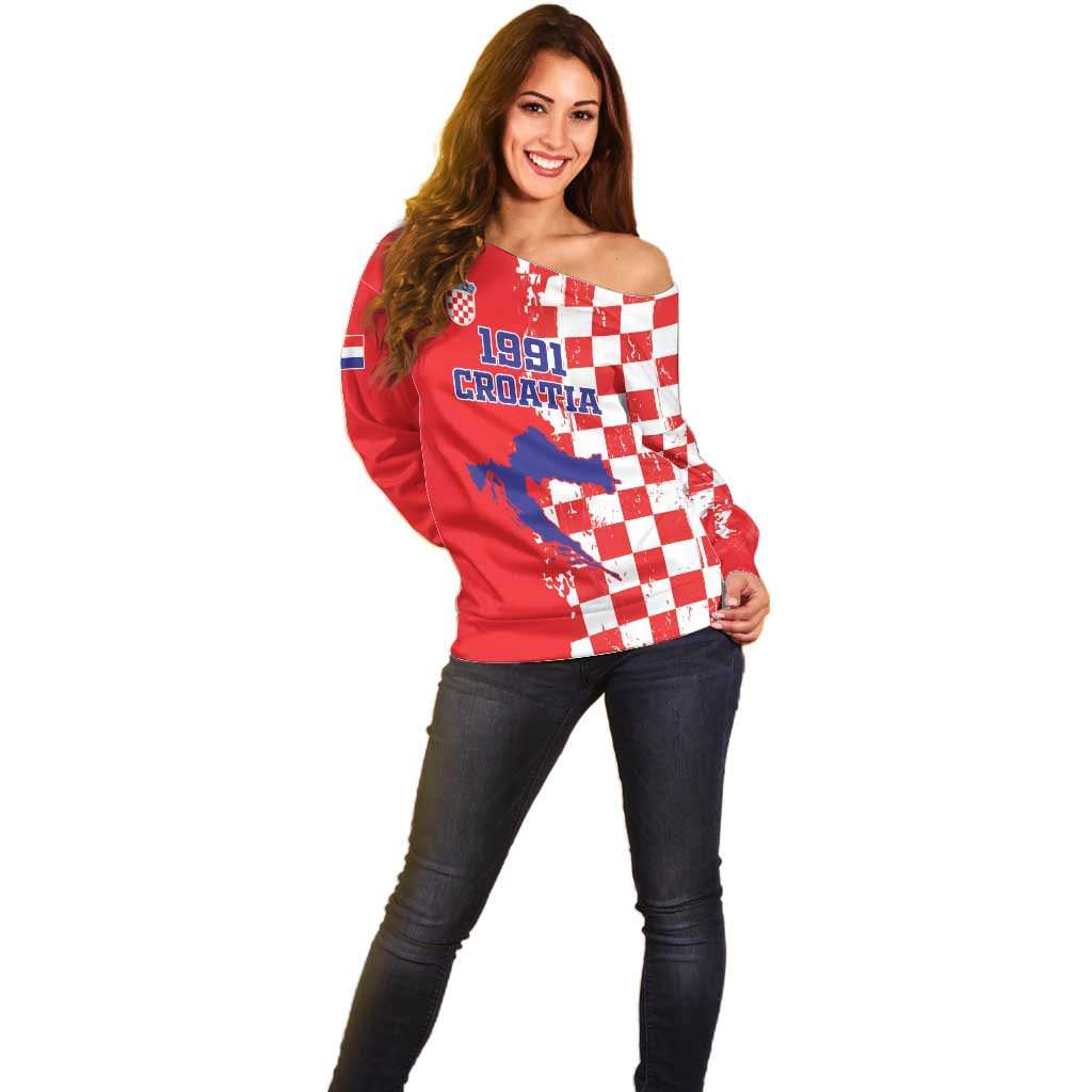 Custom Croatia Independence Day Off Shoulder Sweater Grunge Checkerboard Patterns With Map - Wonder Print Shop