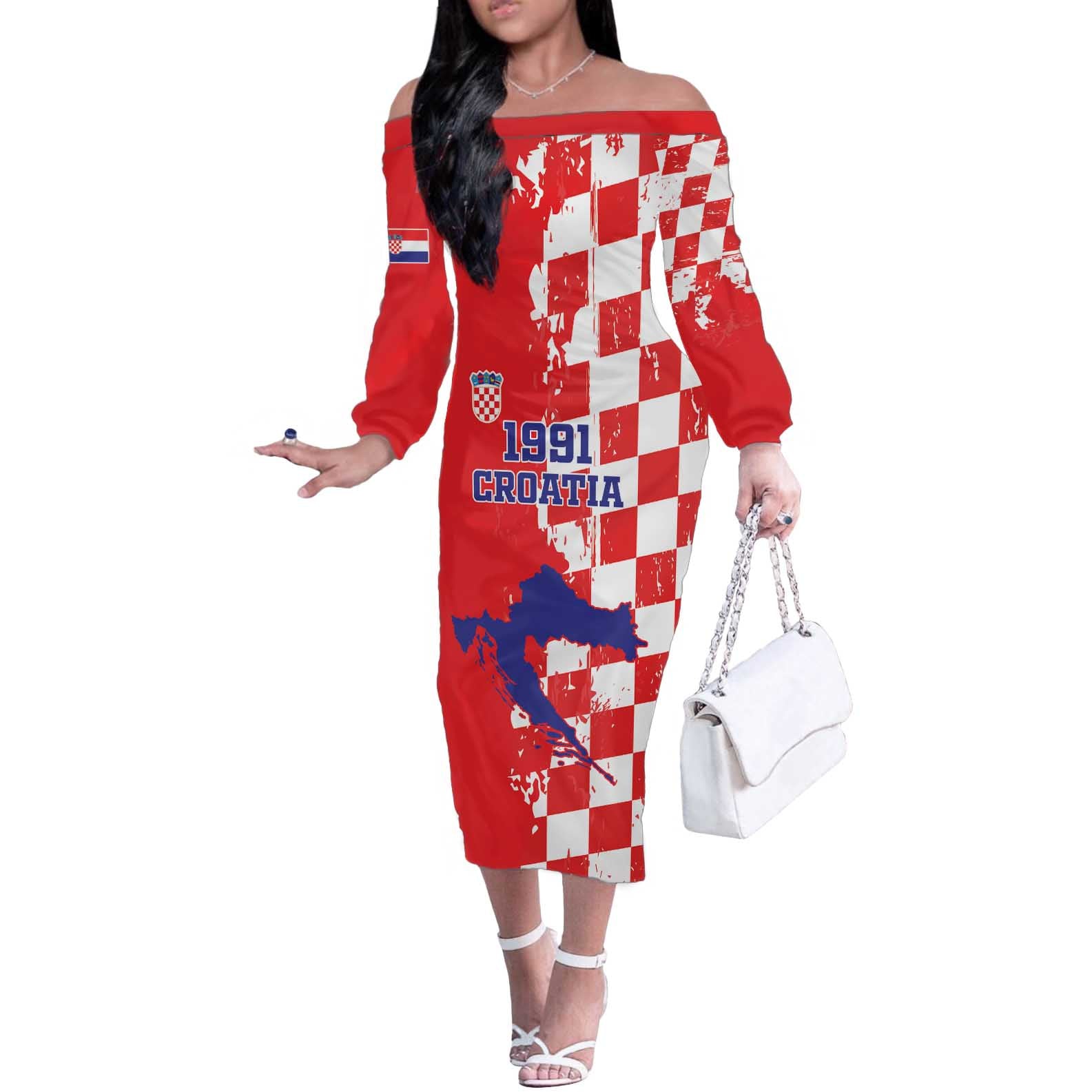 Custom Croatia Independence Day Off The Shoulder Long Sleeve Dress Grunge Checkerboard Patterns With Map - Wonder Print Shop