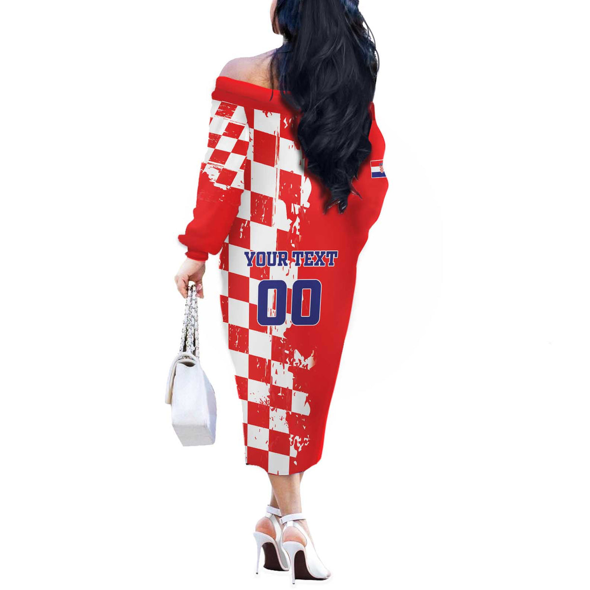 Custom Croatia Independence Day Off The Shoulder Long Sleeve Dress Grunge Checkerboard Patterns With Map - Wonder Print Shop