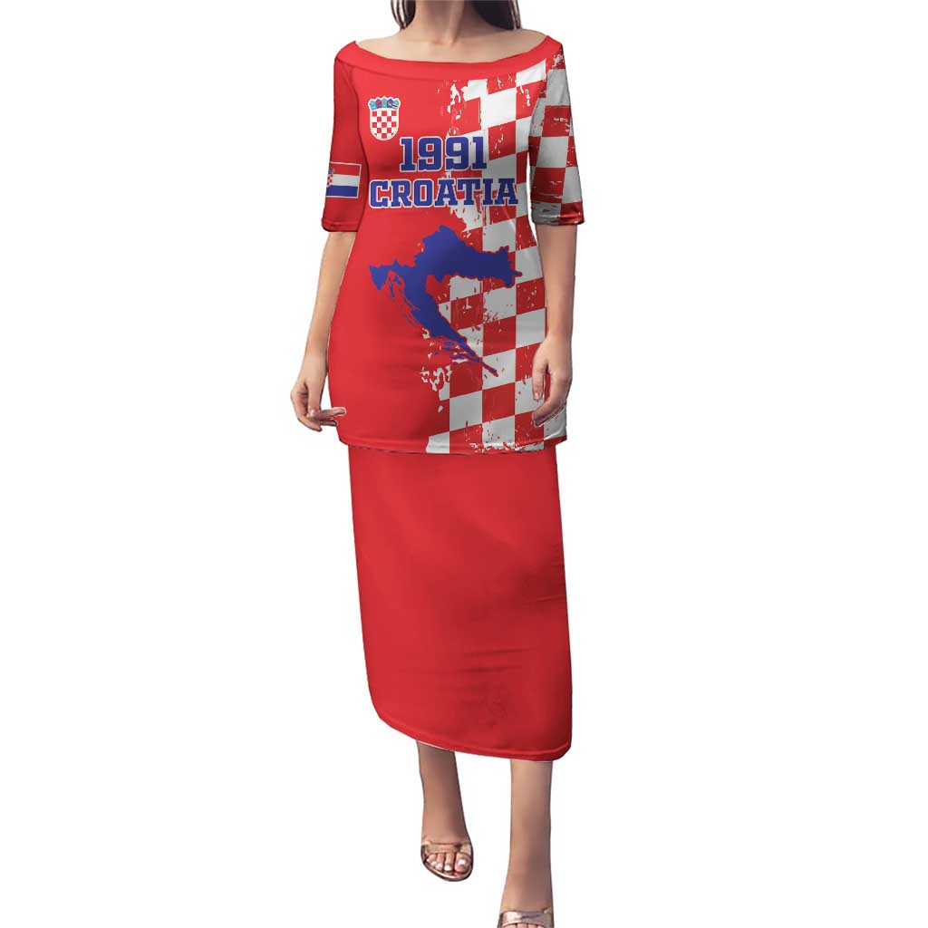 Custom Croatia Independence Day Puletasi Grunge Checkerboard Patterns With Map - Wonder Print Shop