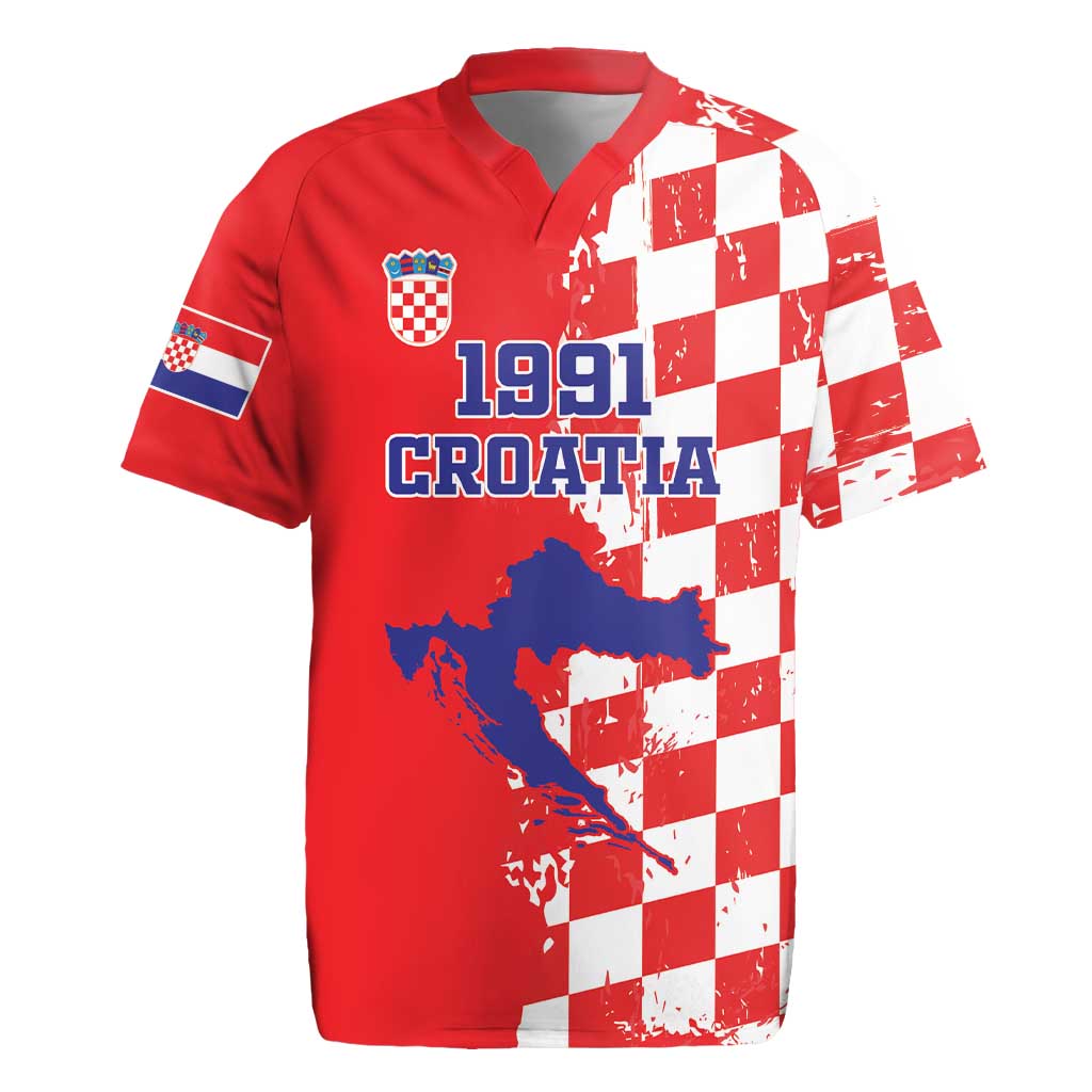 Custom Croatia Independence Day Rugby Jersey Grunge Checkerboard Patterns With Map - Wonder Print Shop