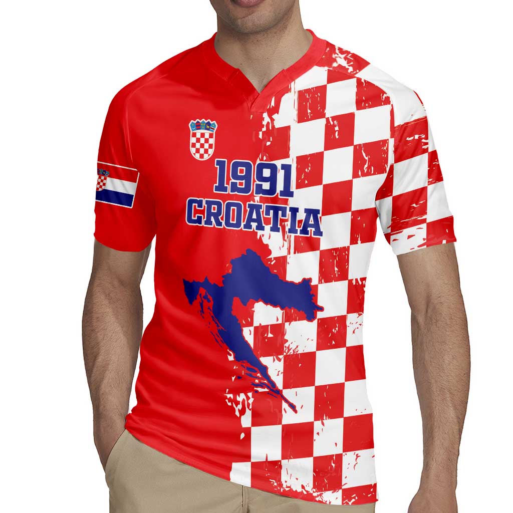 Custom Croatia Independence Day Rugby Jersey Grunge Checkerboard Patterns With Map - Wonder Print Shop