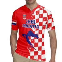 Custom Croatia Independence Day Rugby Jersey Grunge Checkerboard Patterns With Map - Wonder Print Shop
