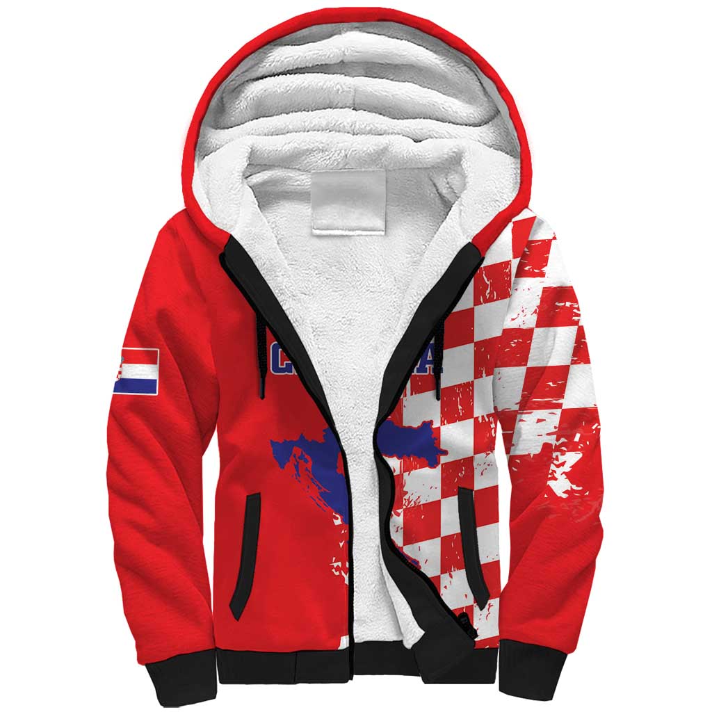 Custom Croatia Independence Day Sherpa Hoodie Grunge Checkerboard Patterns With Map - Wonder Print Shop