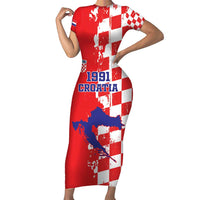 Custom Croatia Independence Day Short Sleeve Bodycon Dress Grunge Checkerboard Patterns With Map - Wonder Print Shop